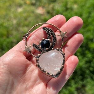 Rose Quartz Heart and Black Onyx Moon & Stars Pendant